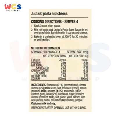 Leggo's Pasta Bake With Tomato, Ricotta & Spinach Creamy Sauce 500g