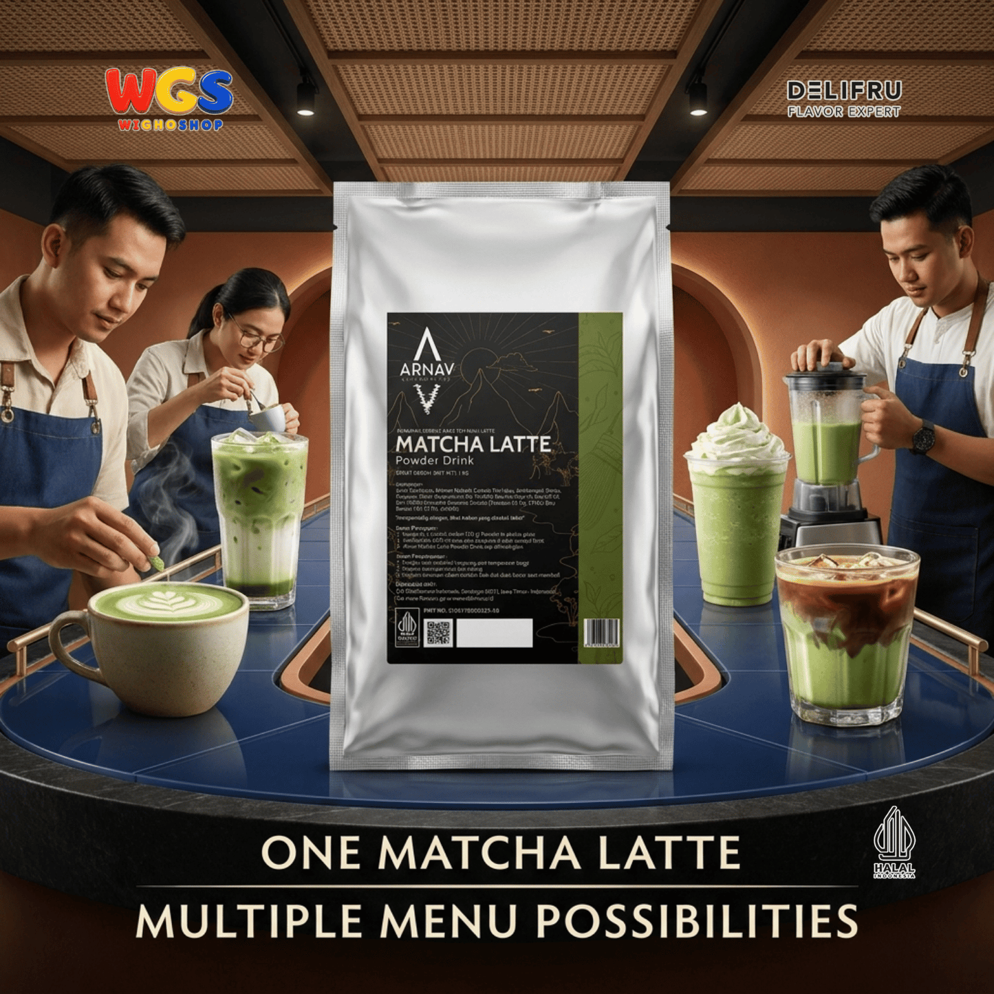 ARNAV Matcha Latte Powder Drink 1kg - Bubuk Minuman Matcha Susu Green Tea Latte Frappe Boba Cafe Halal