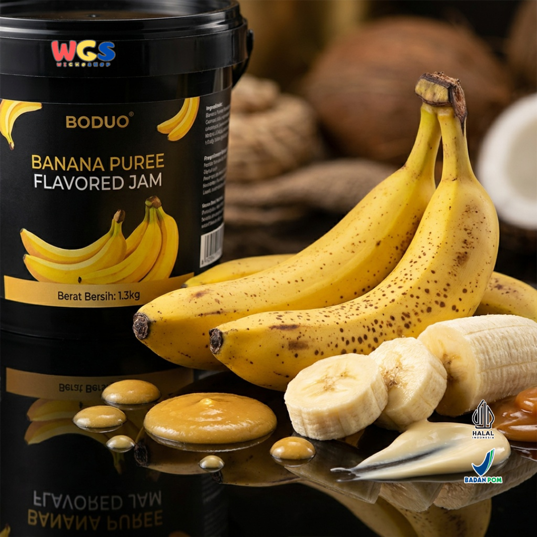 BODUO Banana Puree Flavored Jam 1.3 kg - Halal and BPOM Certified for Trendy Drinks and Desserts