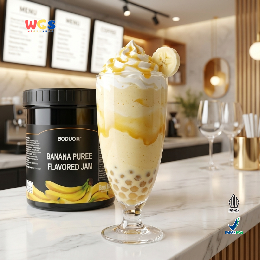 BODUO Banana Puree Flavored Jam 1.3 kg - Halal and BPOM Certified for Trendy Drinks and Desserts