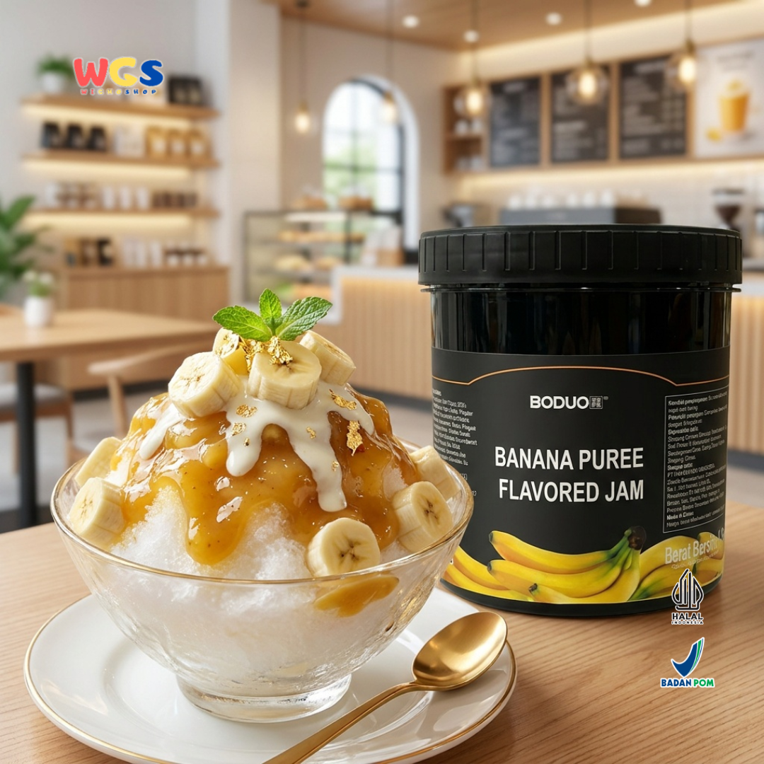 BODUO Banana Puree Flavored Jam 1.3 kg - Halal and BPOM Certified for Trendy Drinks and Desserts