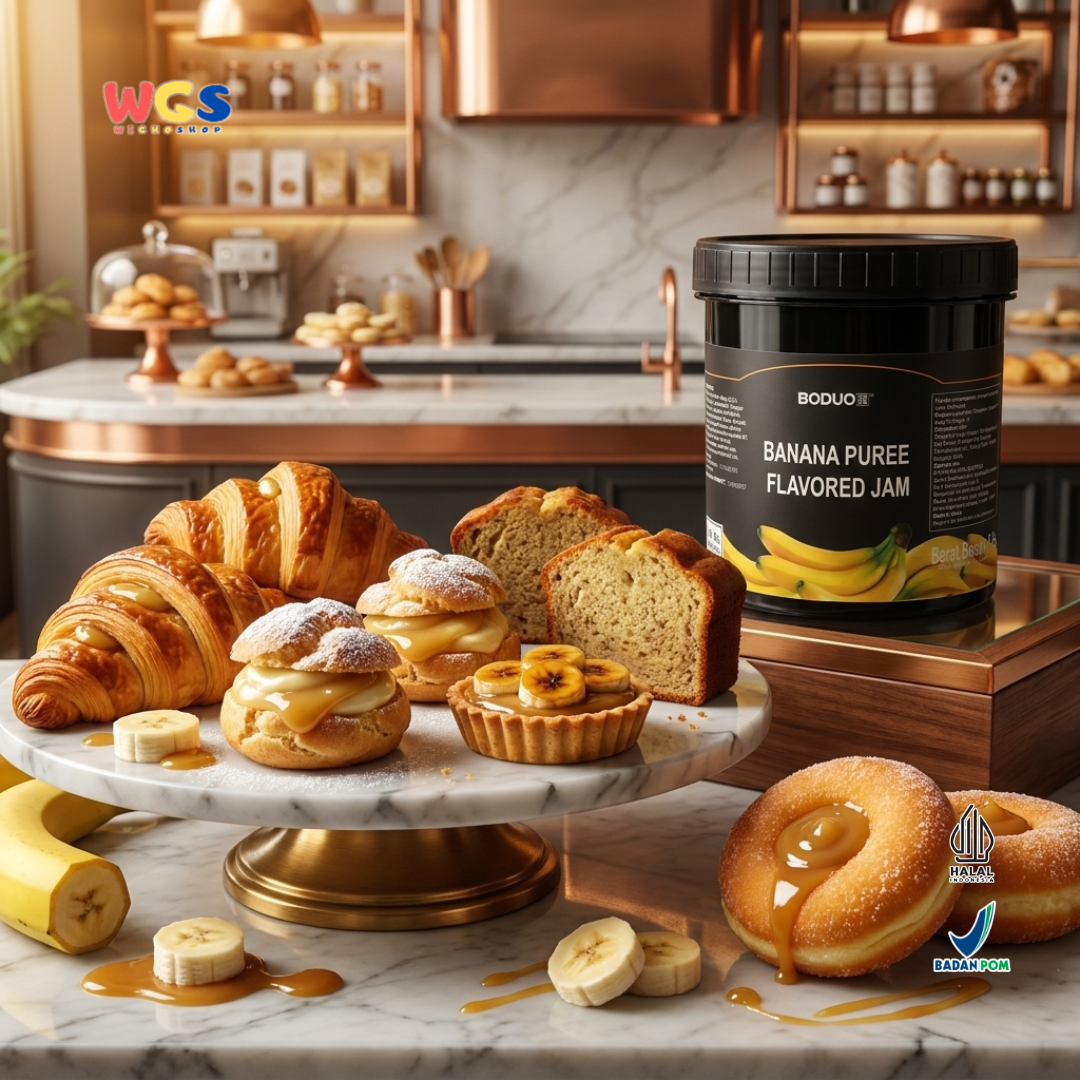 BODUO Banana Puree Flavored Jam 1.3 kg - Halal and BPOM Certified for Trendy Drinks and Desserts