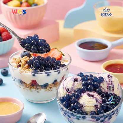 BODUO Blueberry Flavored Popping Boba 1.2kg – Topping Minuman & Dessert Rasa Blueberry