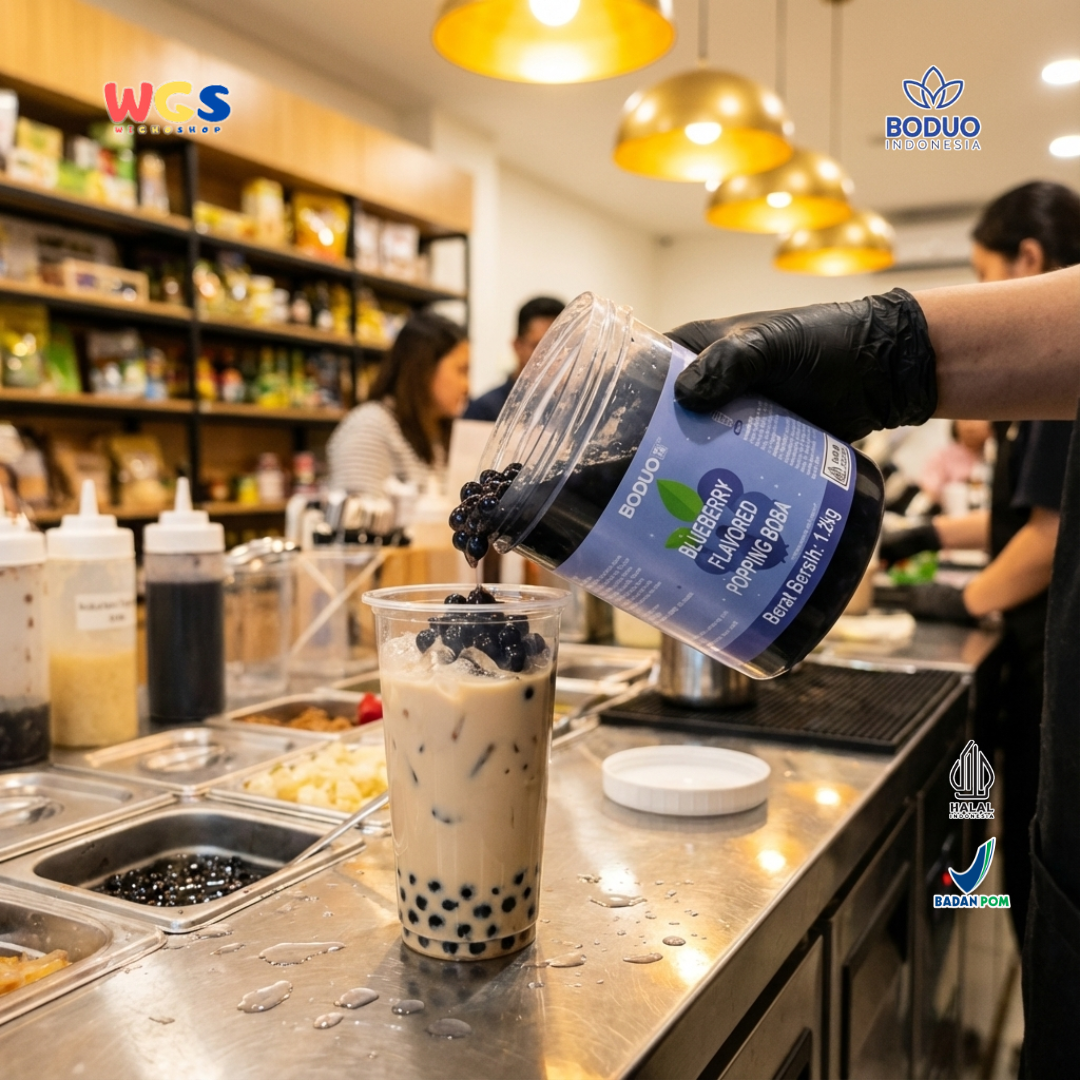 BODUO Blueberry Flavored Popping Boba 1.2kg – Topping Minuman & Dessert Rasa Blueberry
