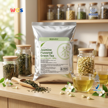 BODUO Premium Jasmine Flavored Green Tea – Jasmine Green Leaf Tea 500g – Halal and BPOM