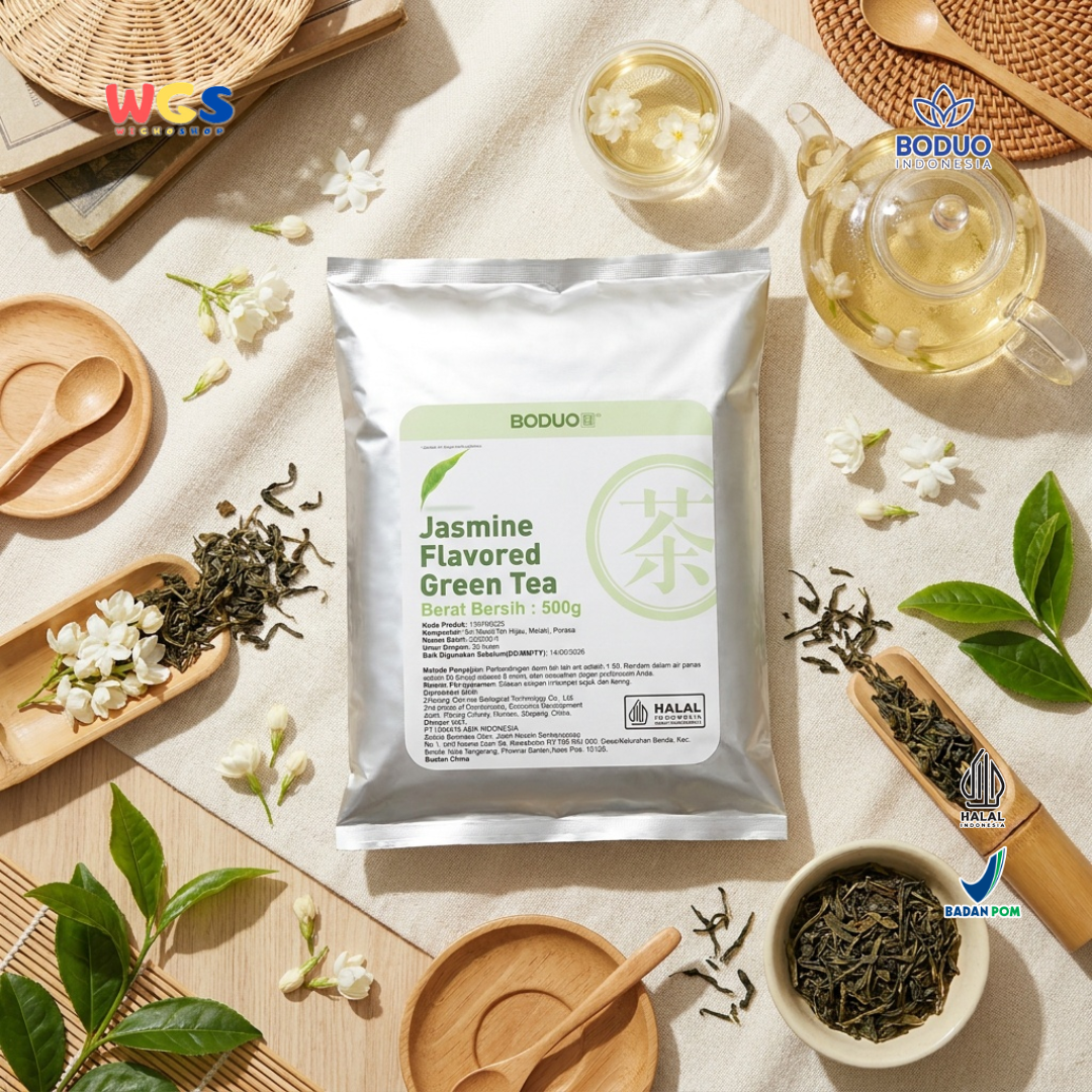 BODUO Premium Jasmine Flavored Green Tea – Jasmine Green Leaf Tea 500g – Halal and BPOM