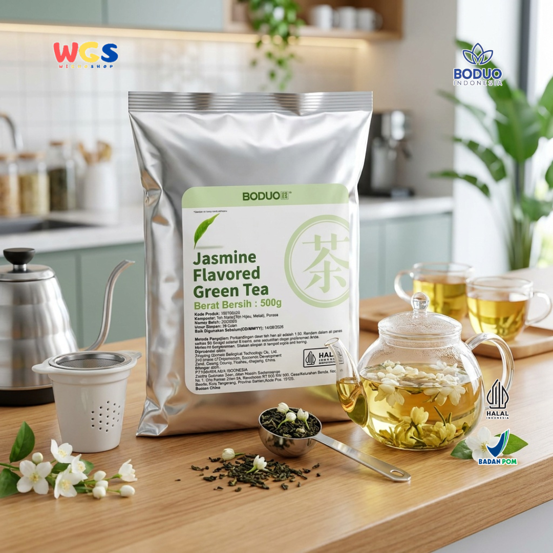 BODUO Premium Jasmine Flavored Green Tea – Jasmine Green Leaf Tea 500g – Halal and BPOM