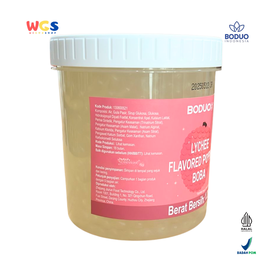 BODUO Lychee Flavored Popping Boba 1.2kg - Boba Rasa Leci Siap Pakai untuk Minuman dan Dessert
