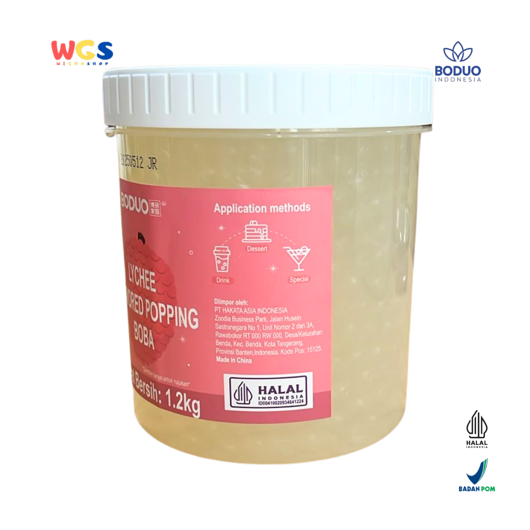 BODUO Lychee Flavored Popping Boba 1.2kg - Boba Rasa Leci Siap Pakai untuk Minuman dan Dessert
