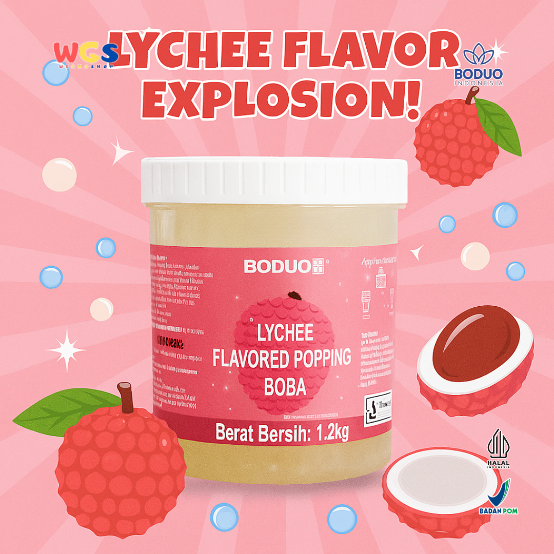 BODUO Lychee Flavored Popping Boba 1.2kg - Boba Rasa Leci Siap Pakai untuk Minuman dan Dessert