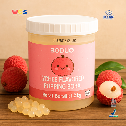 BODUO Lychee Flavored Popping Boba 1.2kg - Boba Rasa Leci Siap Pakai untuk Minuman dan Dessert