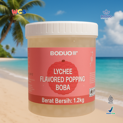 BODUO Lychee Flavored Popping Boba 1.2kg - Boba Rasa Leci Siap Pakai untuk Minuman dan Dessert