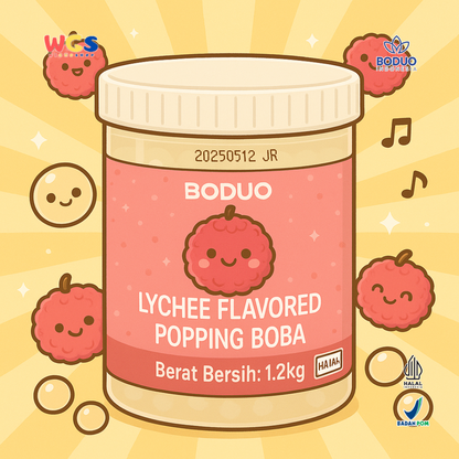 BODUO Lychee Flavored Popping Boba 1.2kg - Boba Rasa Leci Siap Pakai untuk Minuman dan Dessert