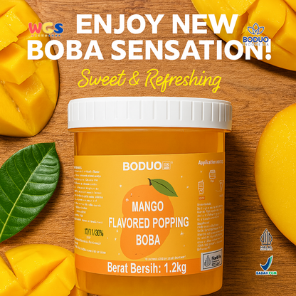 BODUO Mango Flavored Popping Boba 1.2kg - Boba Rasa Mangga Siap Pakai untuk Minuman dan Dessert