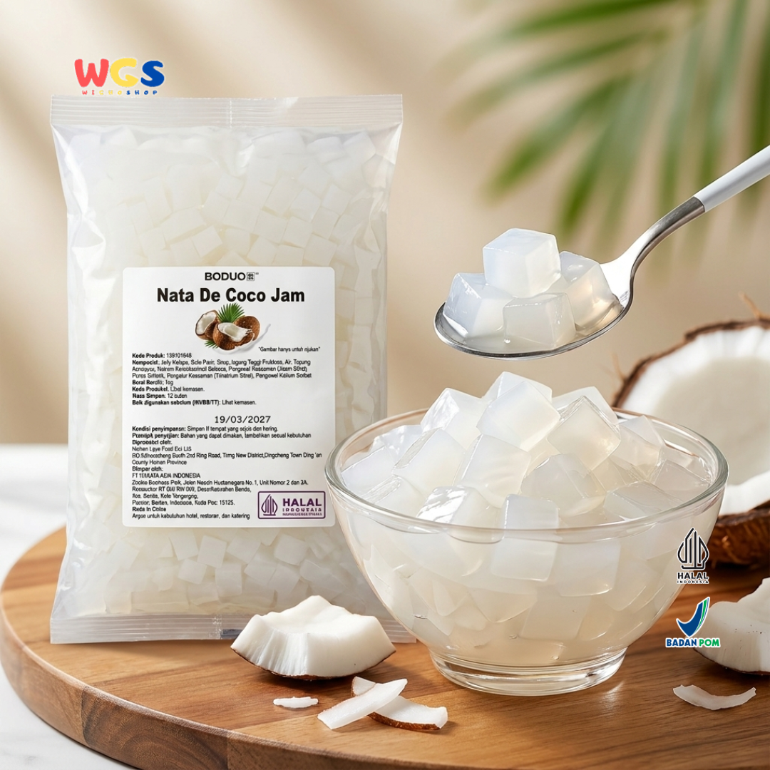 BODUO Nata De Coco Jam 1kg - Nata de Coco Halal untuk Topping Minuman, Dessert, Bubble Tea & Es Buah