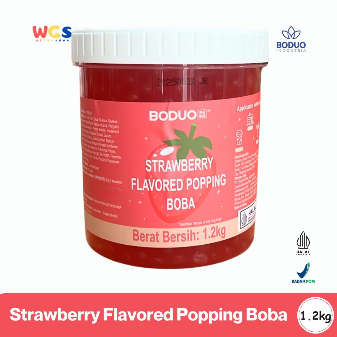 BODUO Strawberry Flavored Popping Boba 1.2kg - Boba Rasa Stroberi Siap Pakai untuk Minuman dan Dessert
