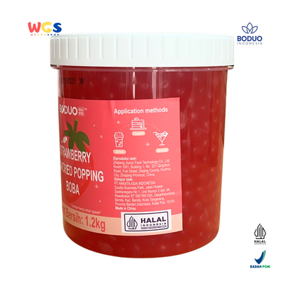 BODUO Strawberry Flavored Popping Boba 1.2kg - Boba Rasa Stroberi Siap Pakai untuk Minuman dan Dessert