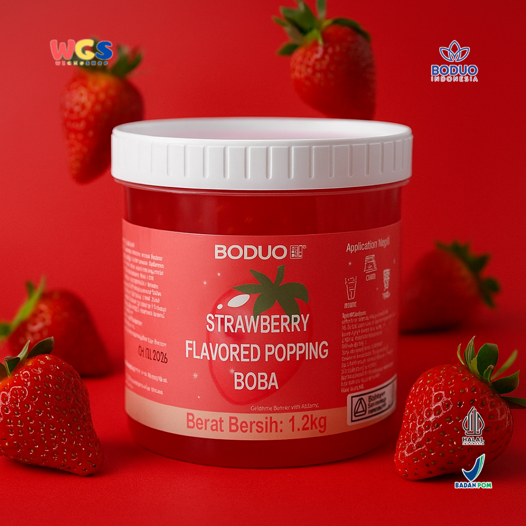 BODUO Strawberry Flavored Popping Boba 1.2kg - Boba Rasa Stroberi Siap Pakai untuk Minuman dan Dessert