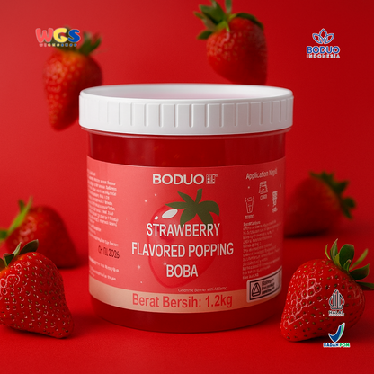 BODUO Strawberry Flavored Popping Boba 1.2kg - Boba Rasa Stroberi Siap Pakai untuk Minuman dan Dessert