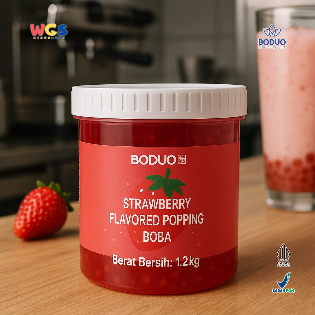 BODUO Strawberry Flavored Popping Boba 1.2kg - Boba Rasa Stroberi Siap Pakai untuk Minuman dan Dessert