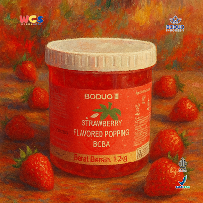 BODUO Strawberry Flavored Popping Boba 1.2kg - Boba Rasa Stroberi Siap Pakai untuk Minuman dan Dessert