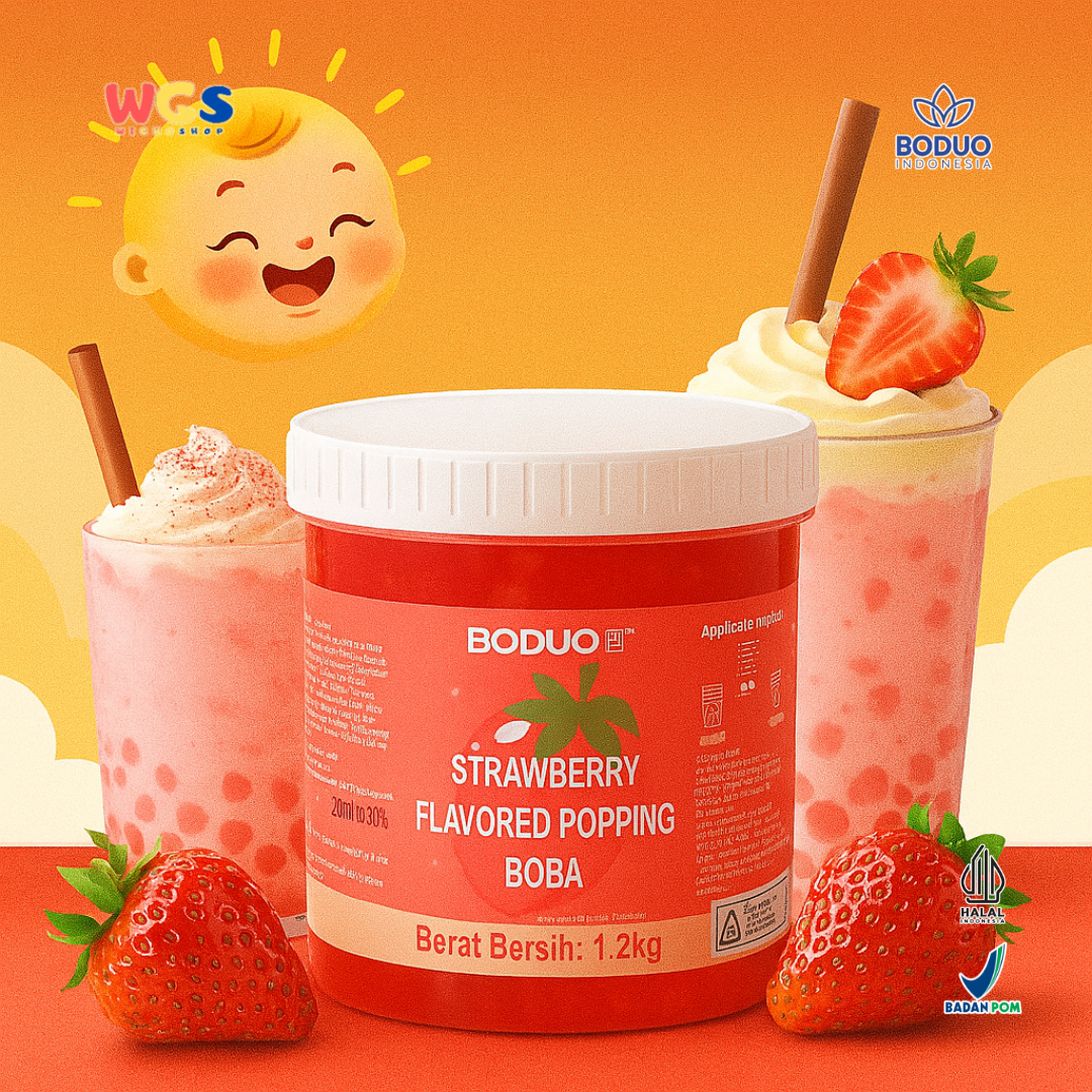 BODUO Strawberry Flavored Popping Boba 1.2kg - Boba Rasa Stroberi Siap Pakai untuk Minuman dan Dessert