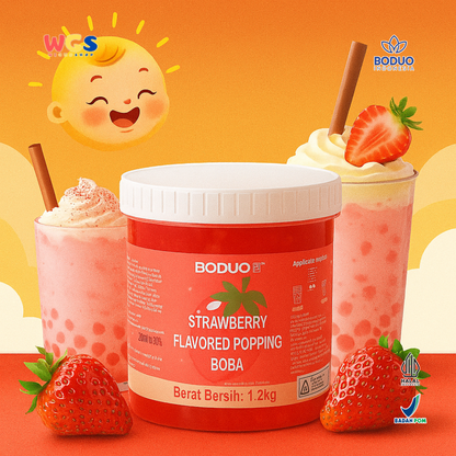 BODUO Strawberry Flavored Popping Boba 1.2kg - Boba Rasa Stroberi Siap Pakai untuk Minuman dan Dessert