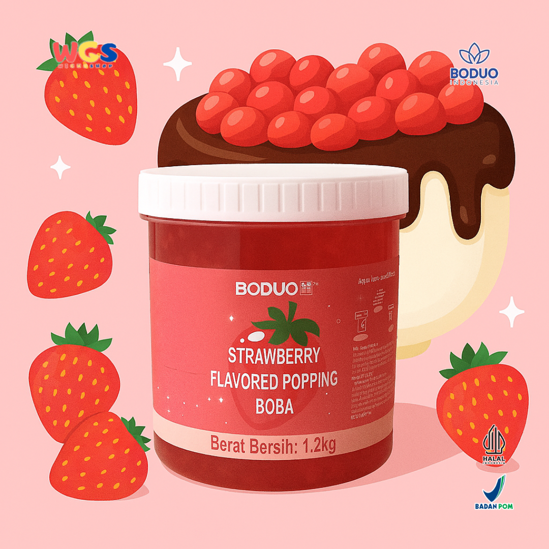 BODUO Strawberry Flavored Popping Boba 1.2kg - Boba Rasa Stroberi Siap Pakai untuk Minuman dan Dessert