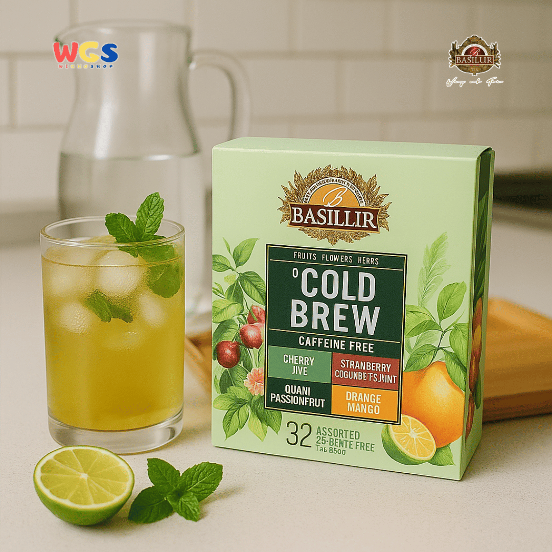 Basilur Cold Brew Teh Herbal Tanpa Kafein 64g (32 Tea Bags) – Cherry Lime, Mint, Guava, Mango Segar