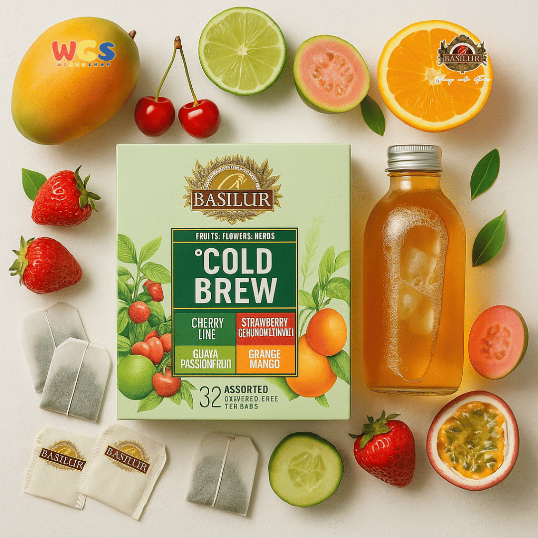 Basilur Cold Brew Teh Herbal Tanpa Kafein 64g (32 Tea Bags) – Cherry Lime, Mint, Guava, Mango Segar