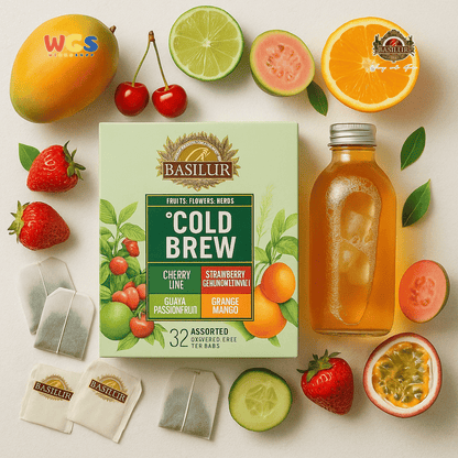 Basilur Cold Brew Teh Herbal Tanpa Kafein 64g (32 Tea Bags) – Cherry Lime, Mint, Guava, Mango Segar