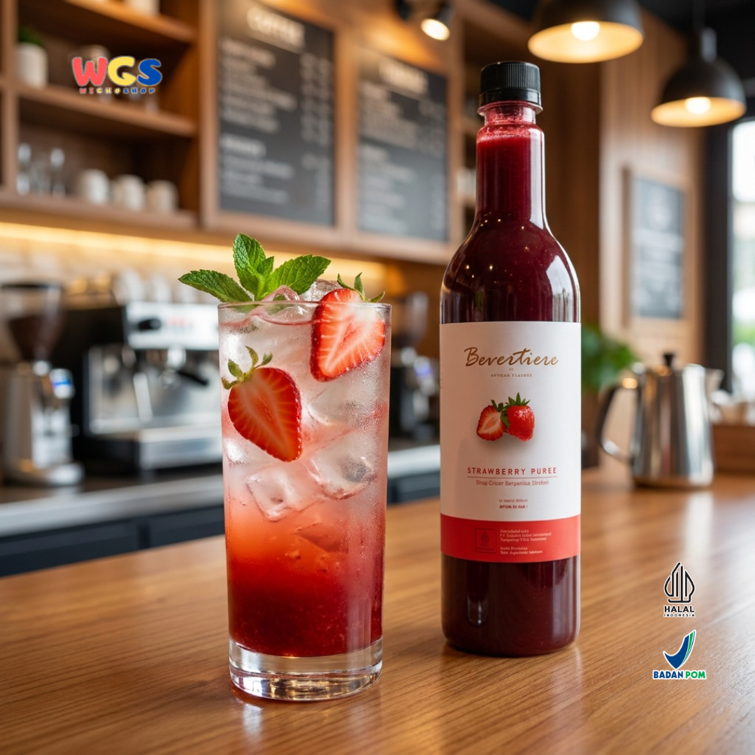 Bevertiere Strawberry Puree 800ml - Sirup Puree Stroberi untuk Minuman Cafe, Mocktail & Dessert