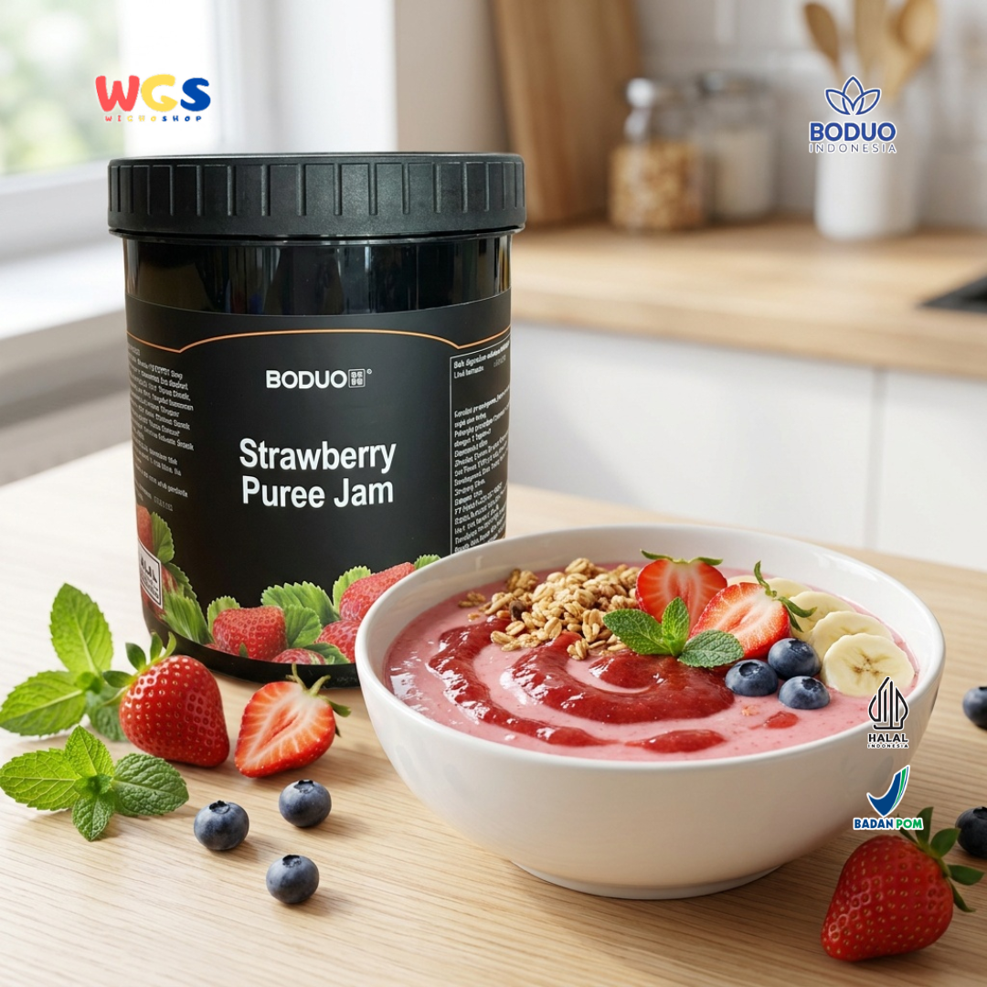 Boduo Strawberry Puree Jam 1.3kg - Selai Stroberi Topping Minuman Boba Dessert Roti Kue
