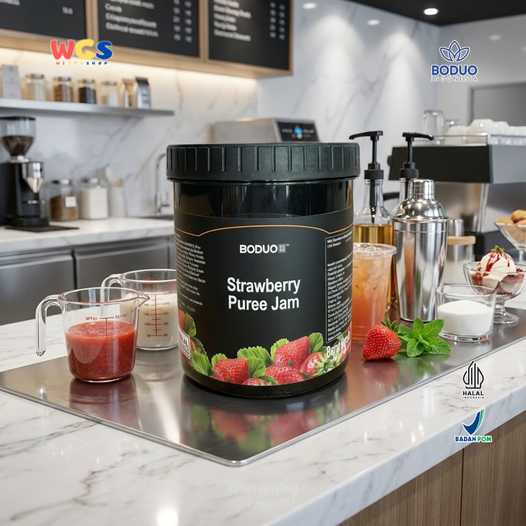 Boduo Strawberry Puree Jam 1.3kg - Selai Stroberi Topping Minuman Boba Dessert Roti Kue