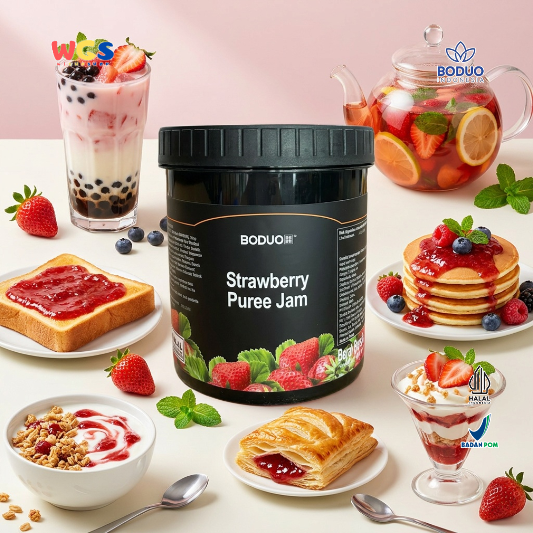 Boduo Strawberry Puree Jam 1.3kg - Selai Stroberi Topping Minuman Boba Dessert Roti Kue