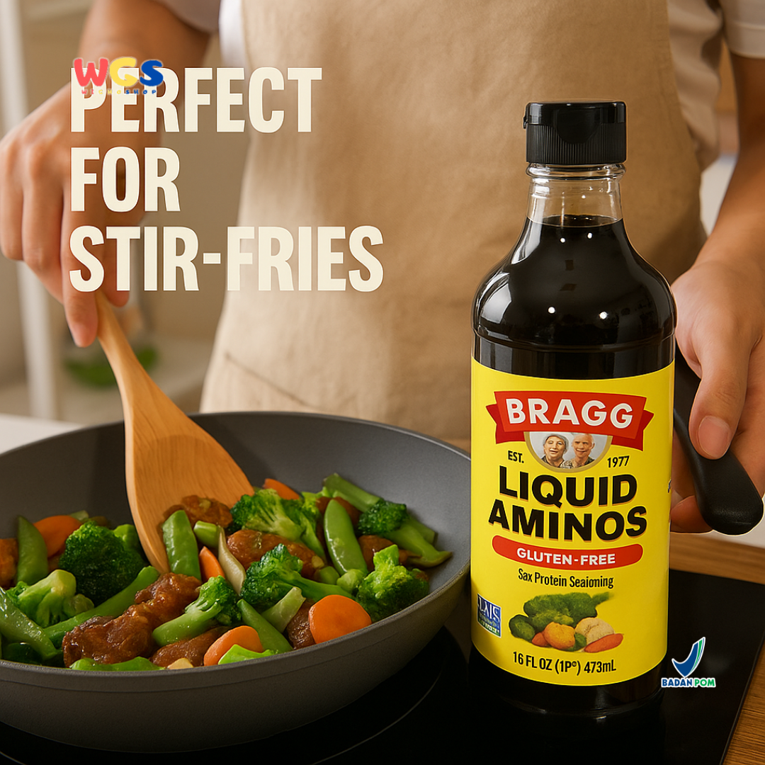 Bragg Liquid Aminos Gluten-Free 473ml – Saus Kedelai Non-GMO Pengganti Kecap Sehat