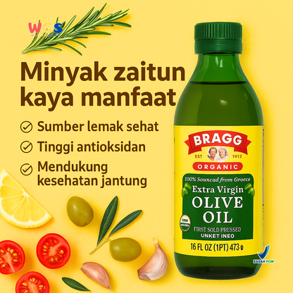 Bragg Organic Extra Virgin Olive Oil 473ml – Minyak Zaitun Organik First Cold Pressed