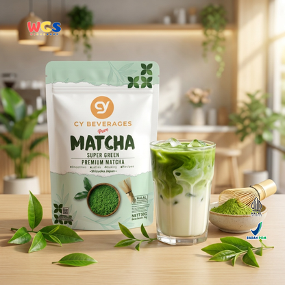 CY Beverages Pure Matcha Super Green Premium Matcha 50g - Bubuk Matcha 100% Murni Halal untuk Latte, Smoothies & Baking