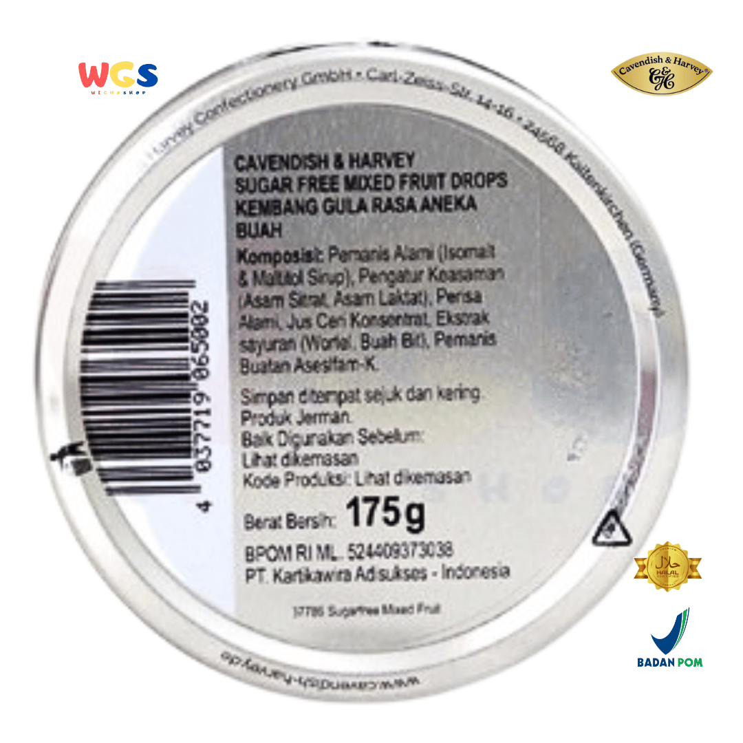 Cavendish & Harvey Sugar Free Mixed Fruit Drops 175g - Permen Buah Bebas Gula & Segar