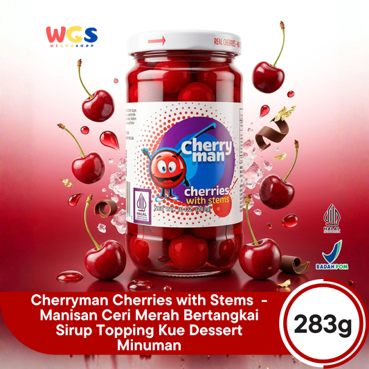 CherryMan Cherries with Stems 283g – Red Cherries in Sweet Syrup, Beautiful &amp; Ready to Serve