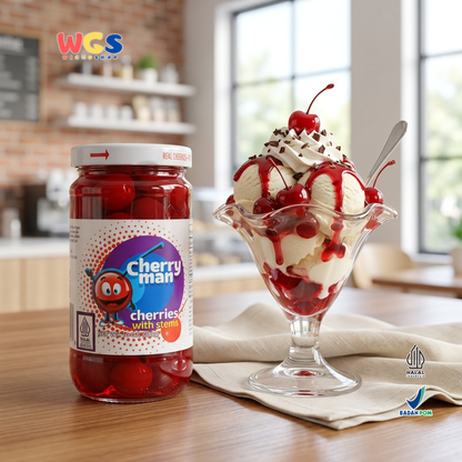 CherryMan Cherries with Stems 283g – Red Cherries in Sweet Syrup, Beautiful &amp; Ready to Serve