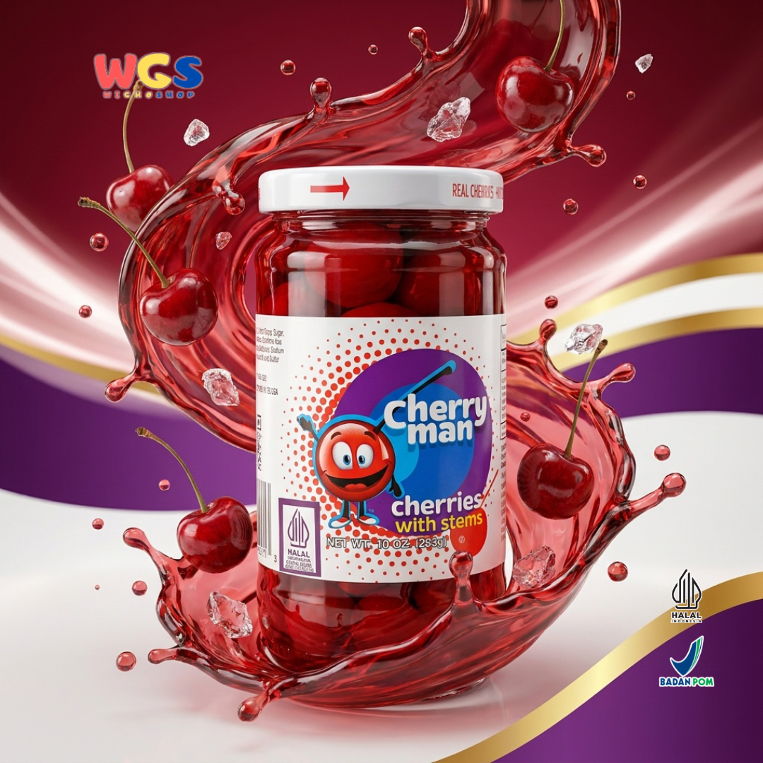 CherryMan Cherries with Stems 283g – Red Cherries in Sweet Syrup, Beautiful &amp; Ready to Serve