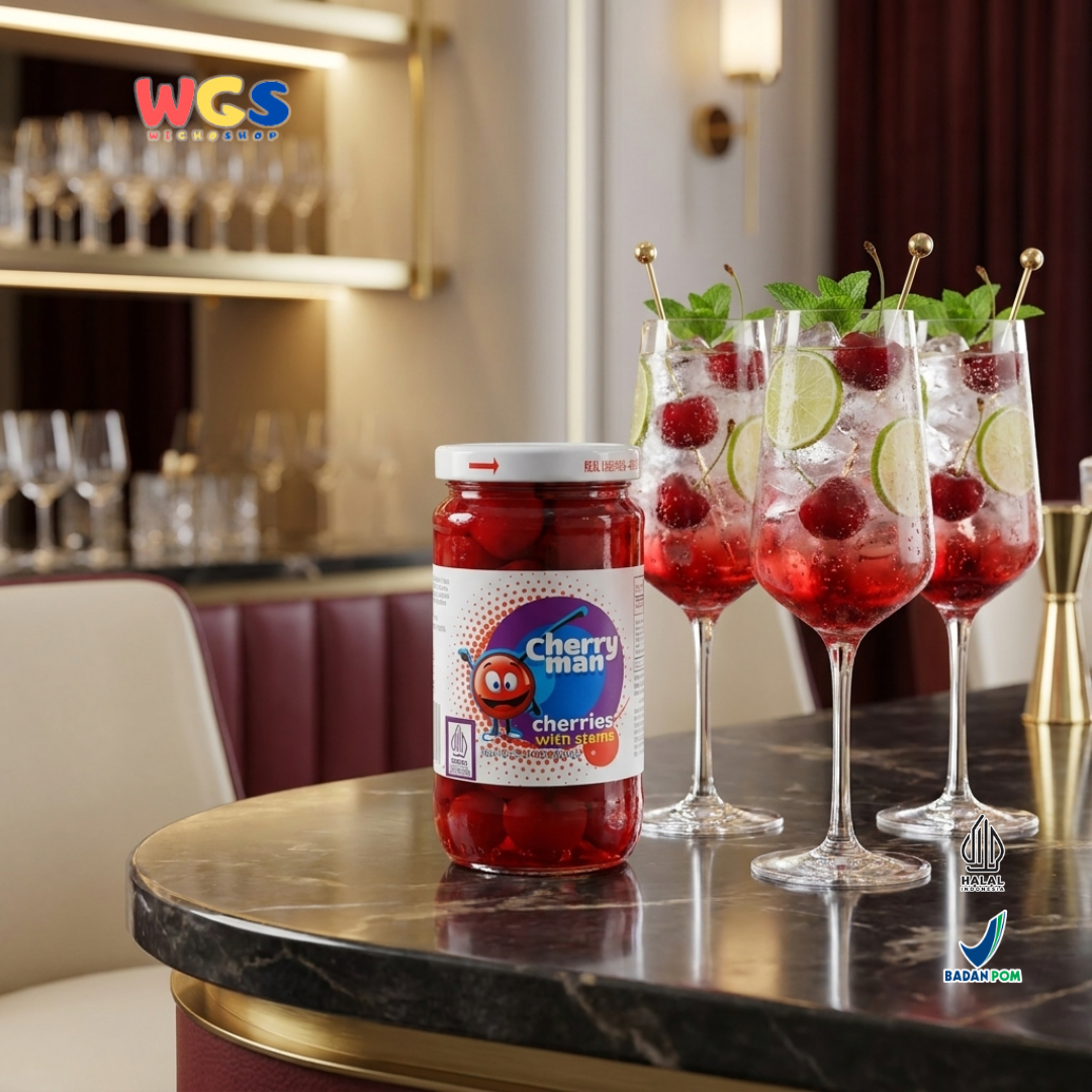 CherryMan Cherries with Stems 283g – Red Cherries in Sweet Syrup, Beautiful &amp; Ready to Serve