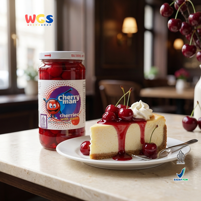 CherryMan Cherries with Stems 283g – Red Cherries in Sweet Syrup, Beautiful &amp; Ready to Serve