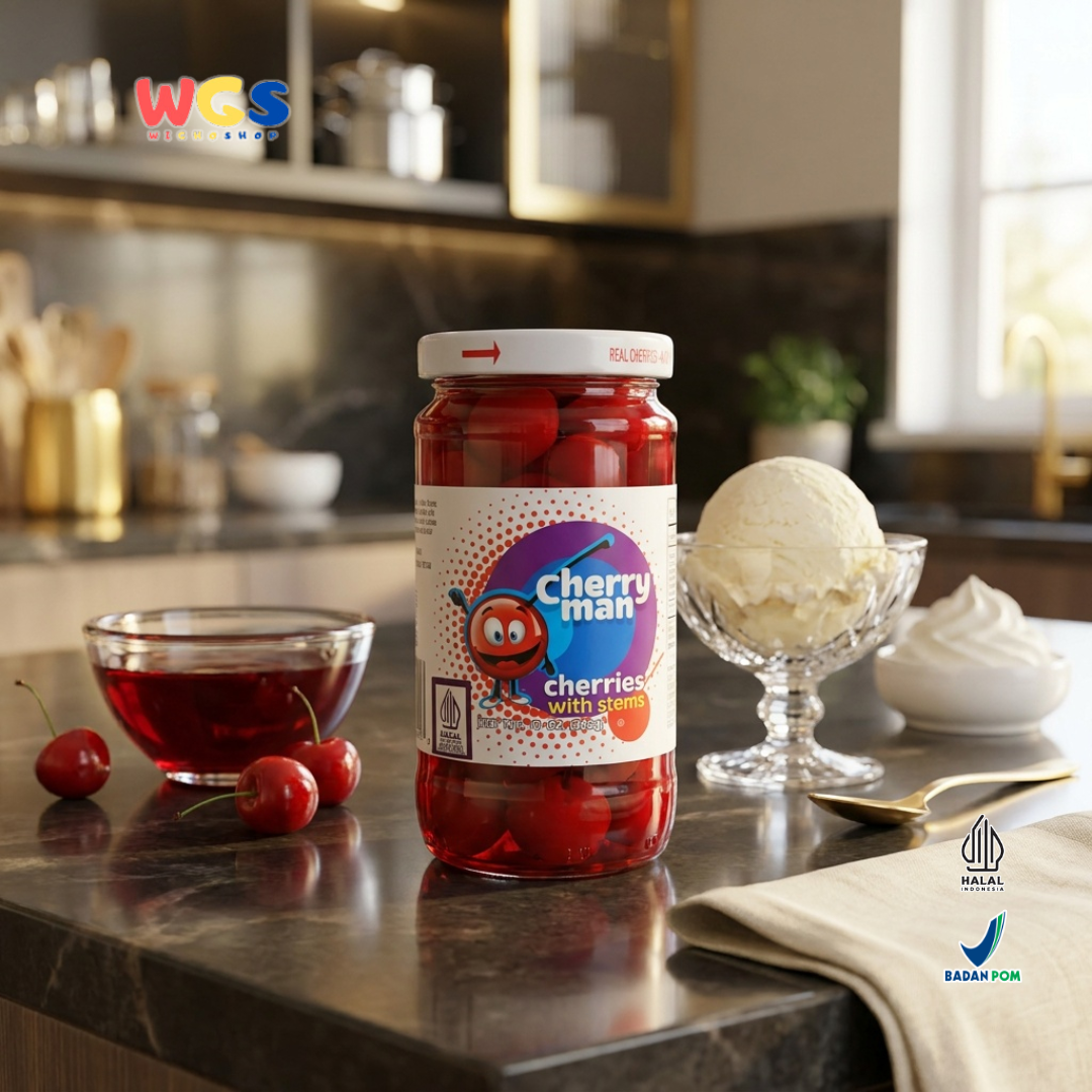 CherryMan Cherries with Stems 283g – Red Cherries in Sweet Syrup, Beautiful &amp; Ready to Serve