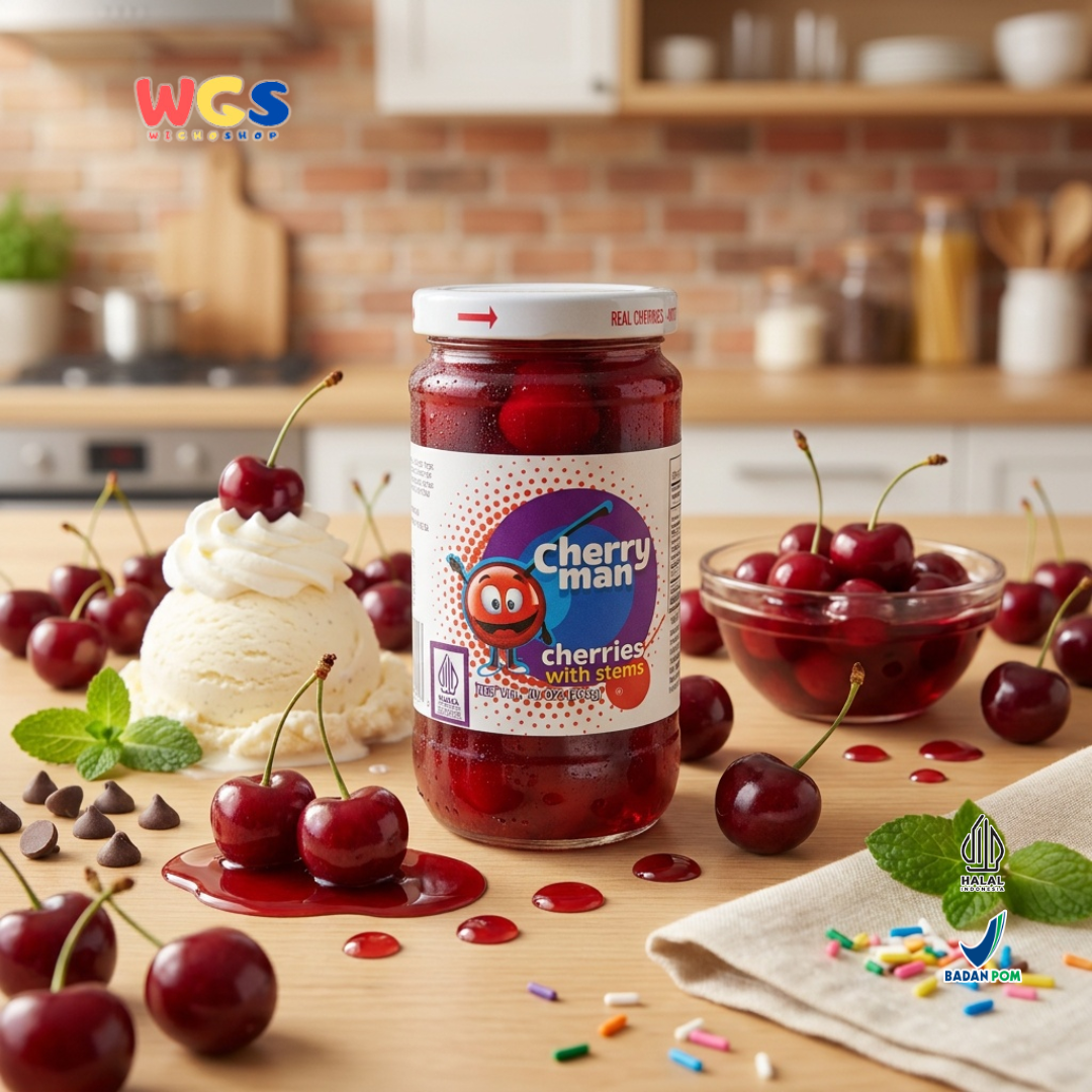 CherryMan Cherries with Stems 283g – Red Cherries in Sweet Syrup, Beautiful &amp; Ready to Serve