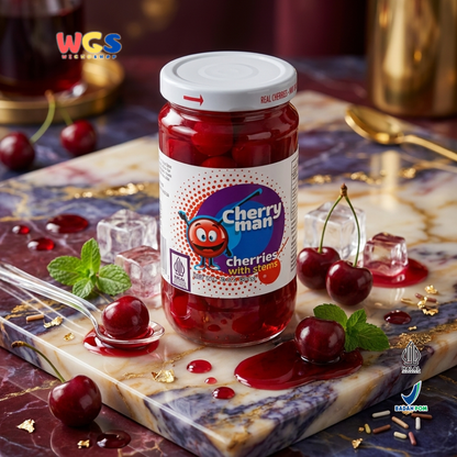 CherryMan Cherries with Stems 283g – Red Cherries in Sweet Syrup, Beautiful &amp; Ready to Serve