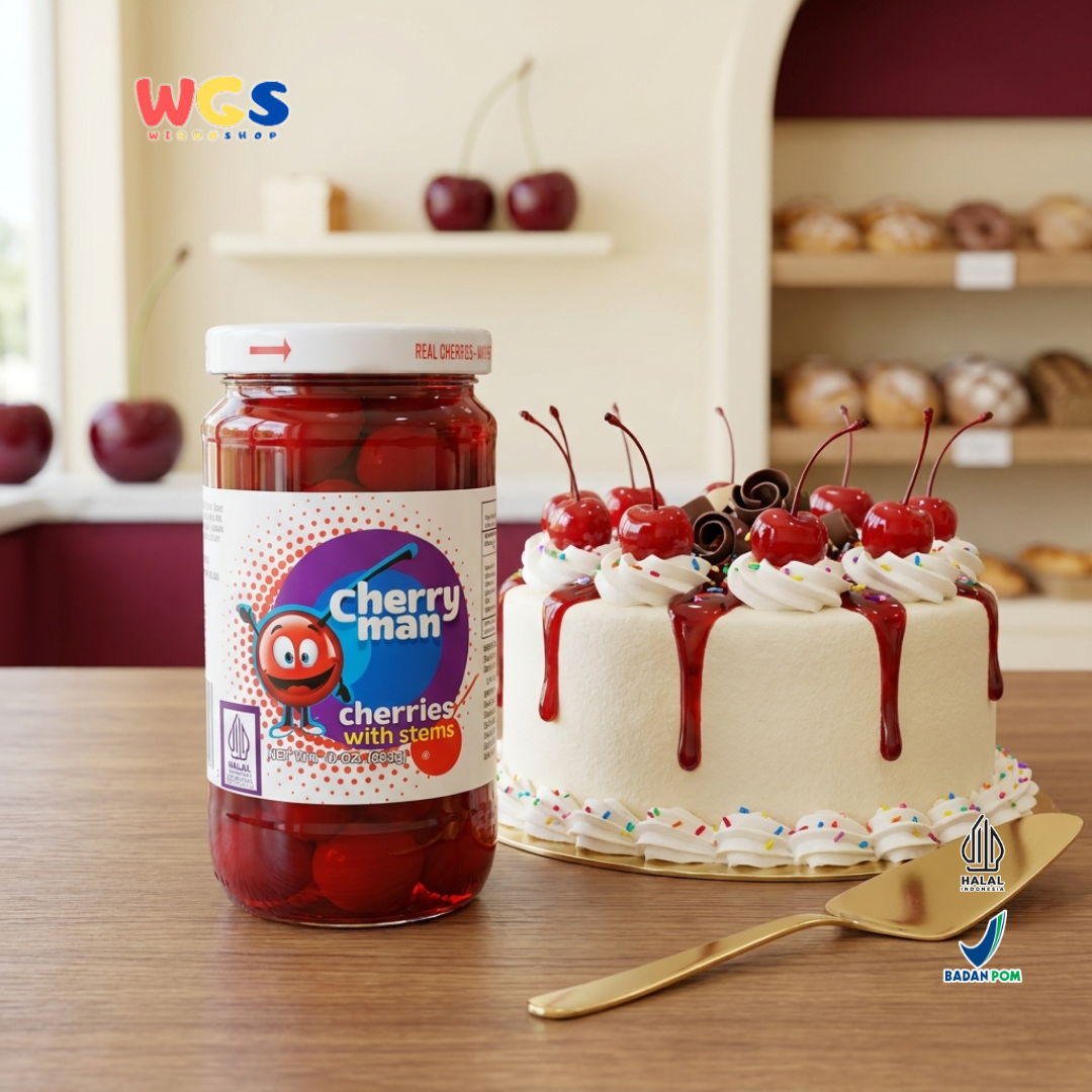 CherryMan Cherries with Stems 283g – Red Cherries in Sweet Syrup, Beautiful &amp; Ready to Serve