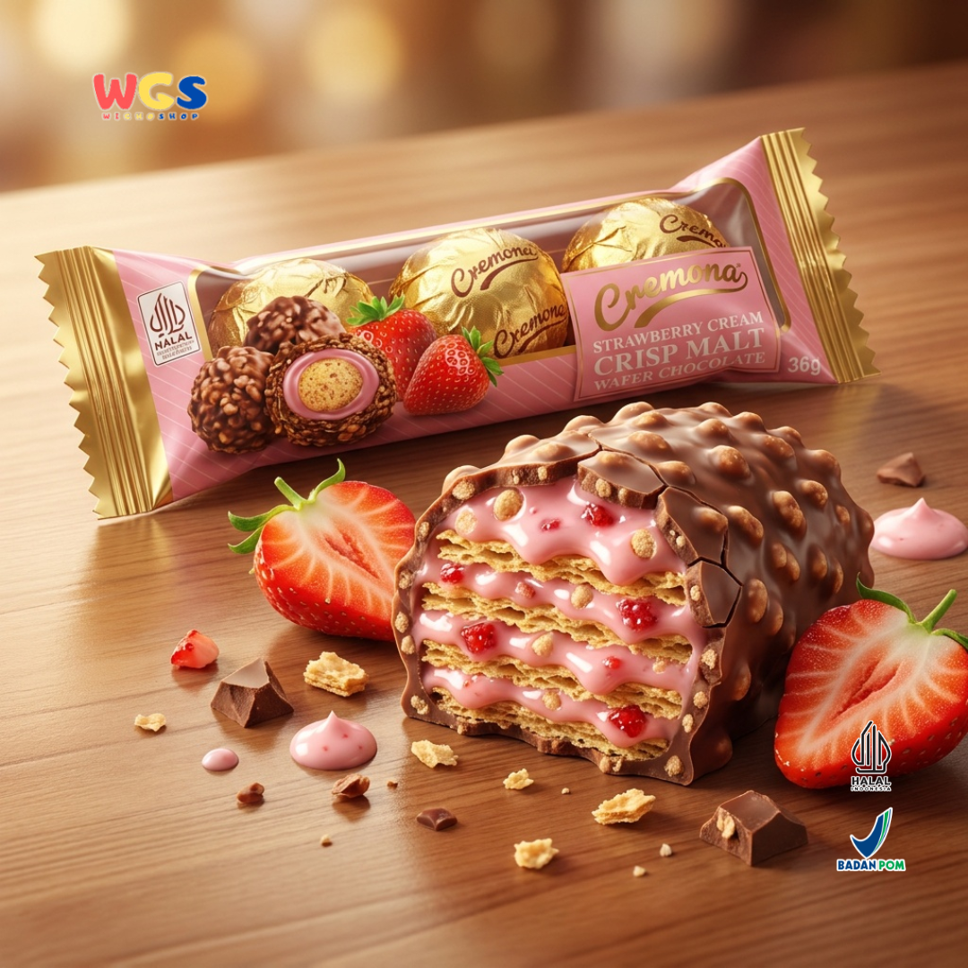 Cremona Strawberry Cream Crisp Malt Wafer Chocolate 36g - Cokelat Wafer Stroberi Isi 3