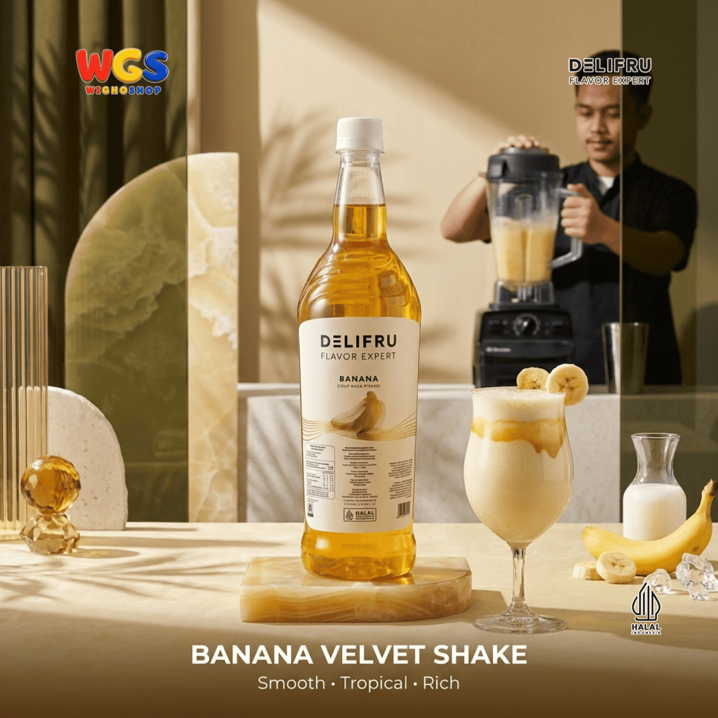 DELIFRU Banana Syrup 1 Liter - Sirup Rasa Pisang untuk Milkshake, Smoothie, Mocktail, Kopi & Dessert Halal